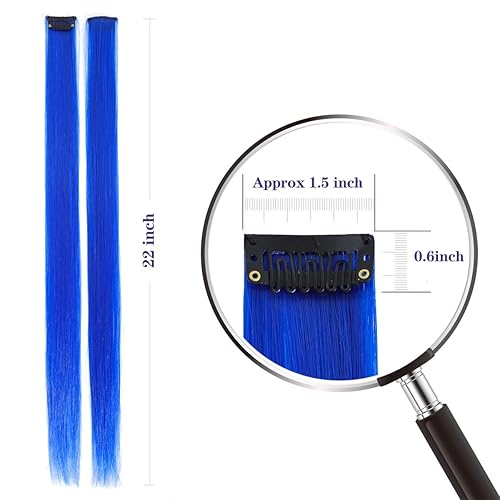 Miniatura 2 de 10 extensiones de cabello de color azul zafiro, extensiones sintéticas rectas de 22 pulgadas con clip, ideales para mujeres, niños y niñas, para