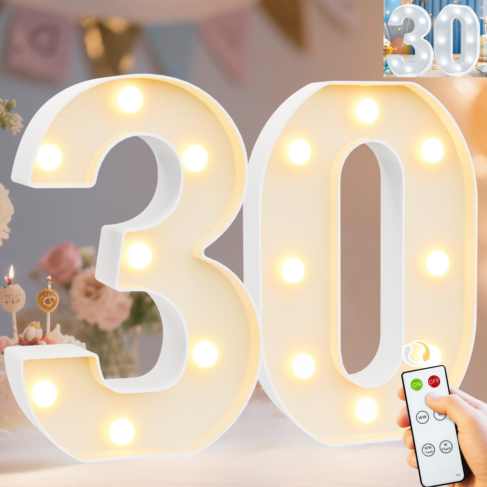 Pooqla 30th Birthday Decorations for Her Him, Decorative Marquee Numbers with Remote, Light Up 30 Sign for Party Backdrop 30th Wedding Anniversary Decor, Warm White and Cool White Number 30