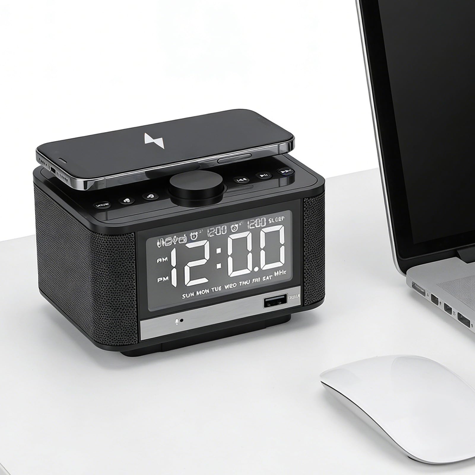 Cuifati Despertador del Presidente de 5W Bluetooth con la Radio de FM, la Carga Inalámbrica y la Exhibición del LCD para el Hotel Casero (Enchufe de la UE)