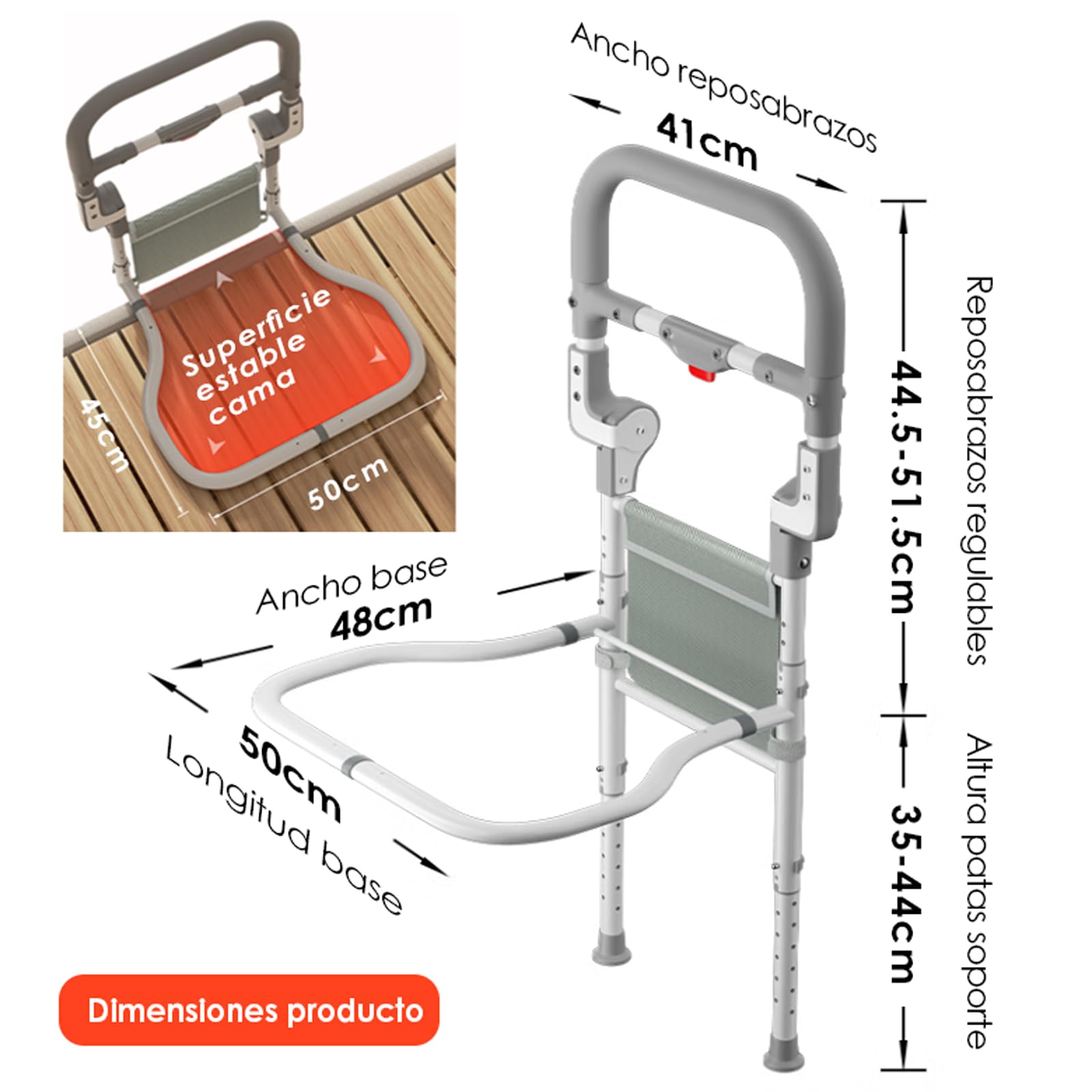 Sponda Letto Anziani Pieghevole, Barriera Letto Anziani con Altezza Regolabile, Supporto per Alzarsi dal Letto, Sbarra di Sicurezza Letto con Sistema a Sgancio Rapido, con Tasca Portaoggetti