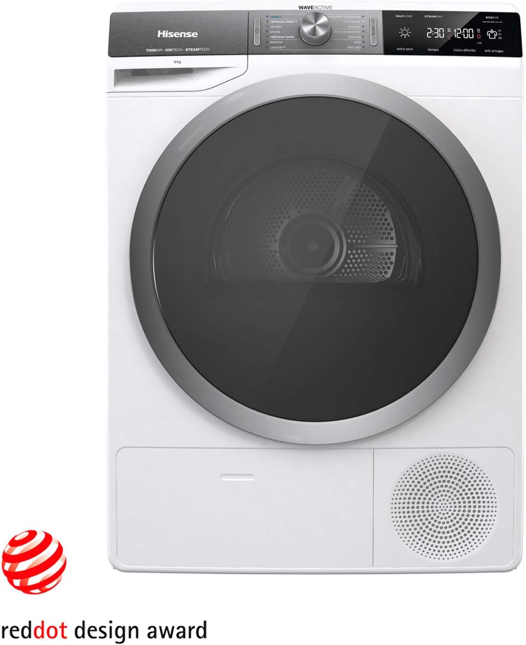 Hisense DHGS90M - Asciugatrice con pompa di calore, trattamento con vapore, carica frontale, 9 kg, motore efficiente interno, aria calda, illuminazione al tamburo, display LED, bianco [Classe di efficienza energetica A++]