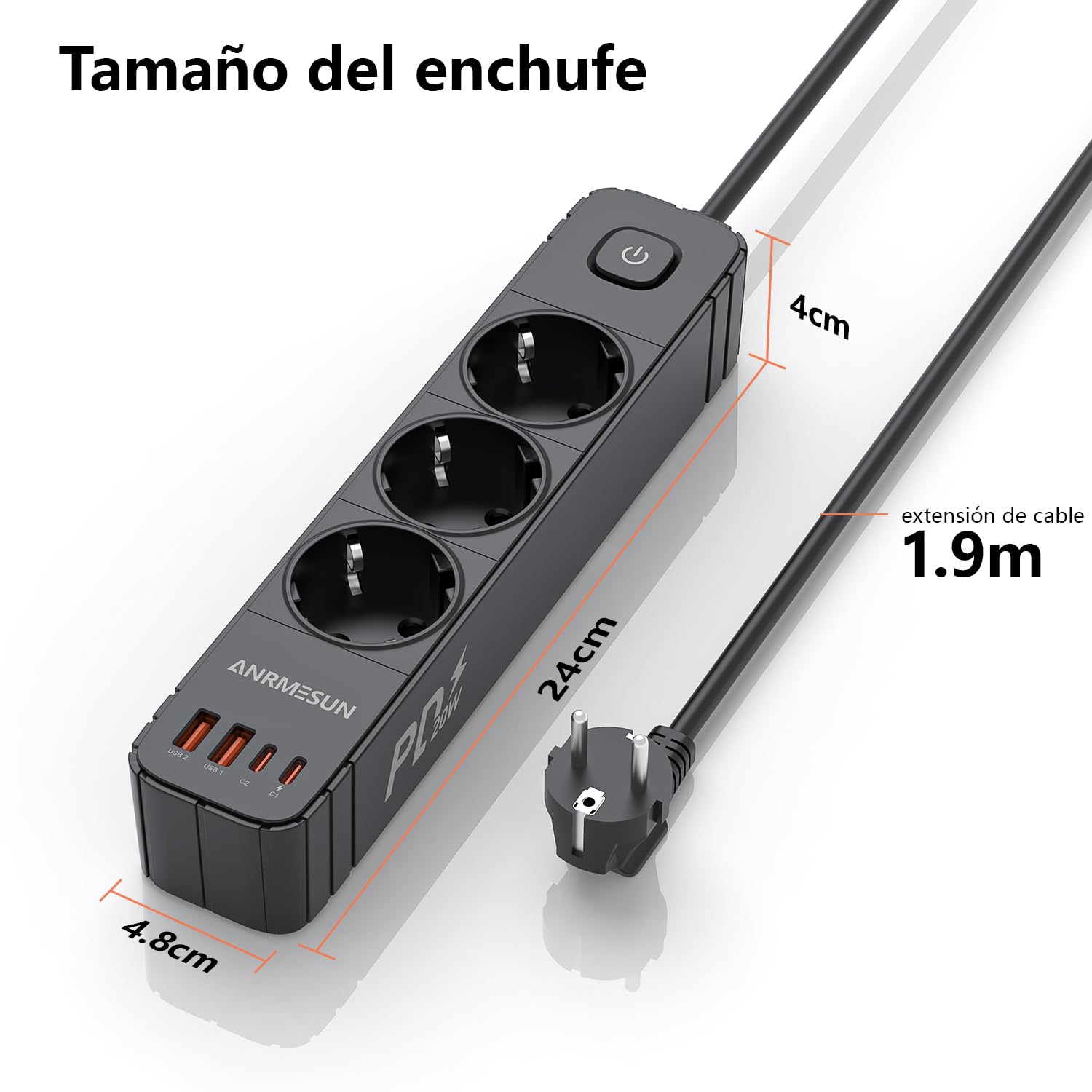 ANRMESUN Regletas Enchufes con 3 Tomas y Interruptor, Enchufe Múltiple de Carga 2 USB A y 2 USB C (PD 20W), Protección Sobretensión, Cable 1.9m, Ideal para Viajes y Hogar — view 7