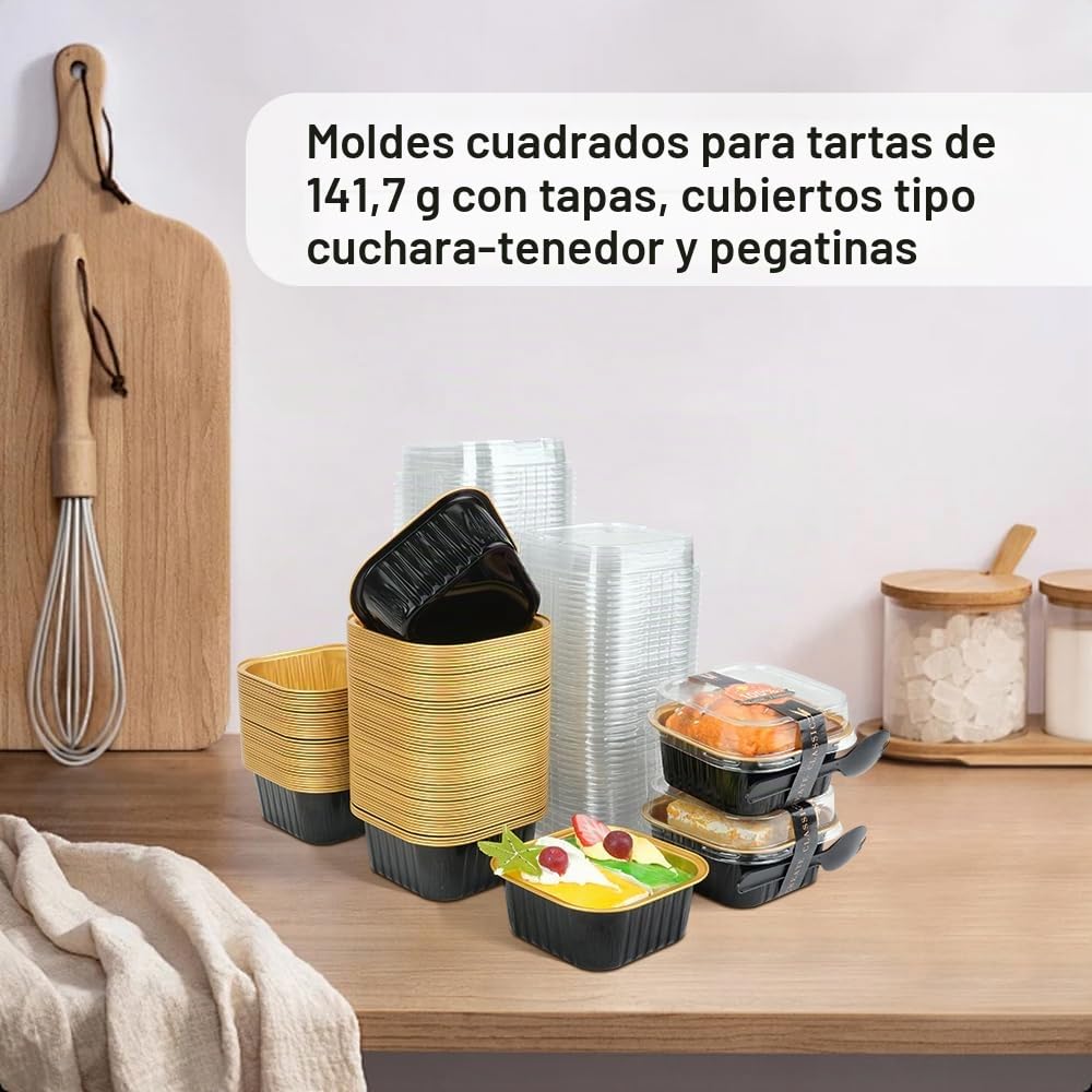 RETON 100 mini moldes para tartas con tapas, moldes de papel de aluminio de 5 onzas para hornear cupcakes, mini moldes para tartas con calcomanías y tenedores, moldes pequeños para tartas de pan para
