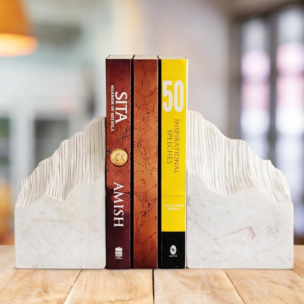 RM White Mountain Bookends Set of 2 | Heavy Marble Book Holders for Shelf