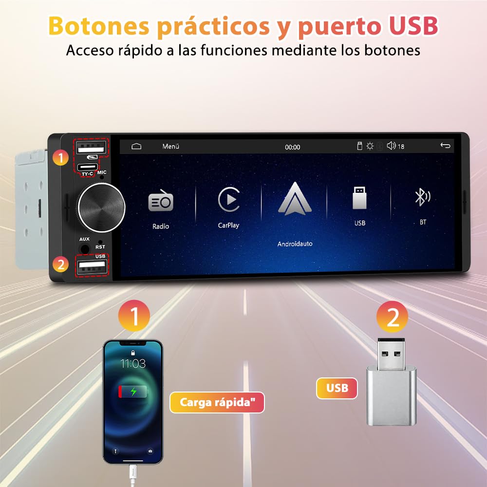 Junsun Radio Coche Universal 1 DIN con 6.36 Pulgadas Pantalla Táctil, con CarPlay/AndroidAuto/Admite