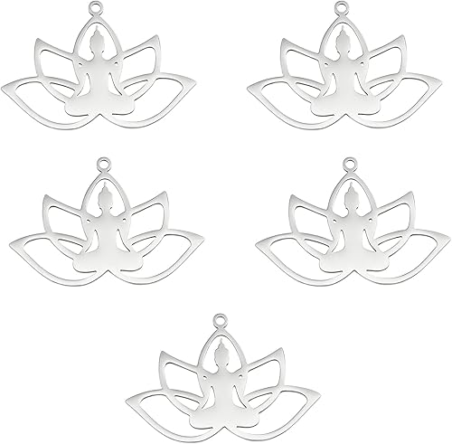 DICOSMETIC 5 colgantes de acero inoxidable para yoga, meditación, yoga, flor de loto, dijes humanos con colgantes de plantas, joyería para hacer