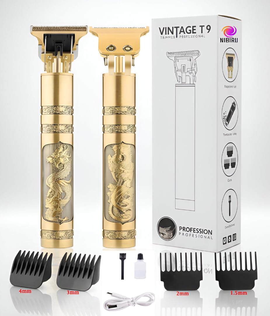 NIBIRU Vintage T9 Beard Trimmer for Men Dragon Style Hair Clipper Cordless Zero Gap Shaver Full Body Grooming Kit Metal Body | USB Charging (Gold)-image-46