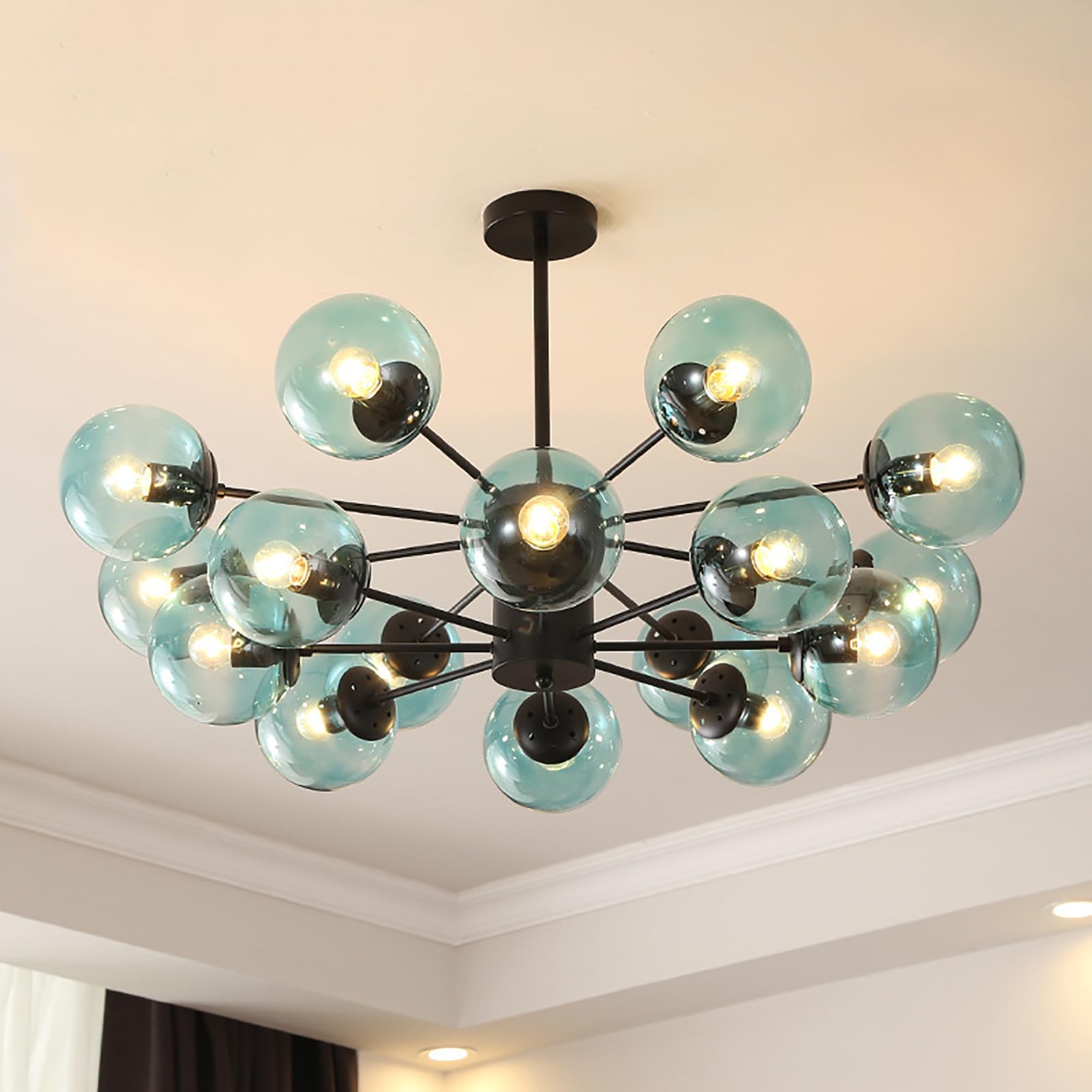ksxnkhk Mid Century Modern Chandelier, Glass Linear Pendant Light Dimmable Light Fixture, Decorative Globe Ceiling Light for Dining Room, Bedroom, Kitchen, Easy Installation(16 Heads, Black + Blue)