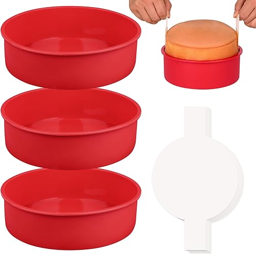 HUAKENER Molde redondo para pasteles de 8 pulgadas, paquete de 3 moldes de silicona para pasteles con 100 piezas de papel pergamino, moldes