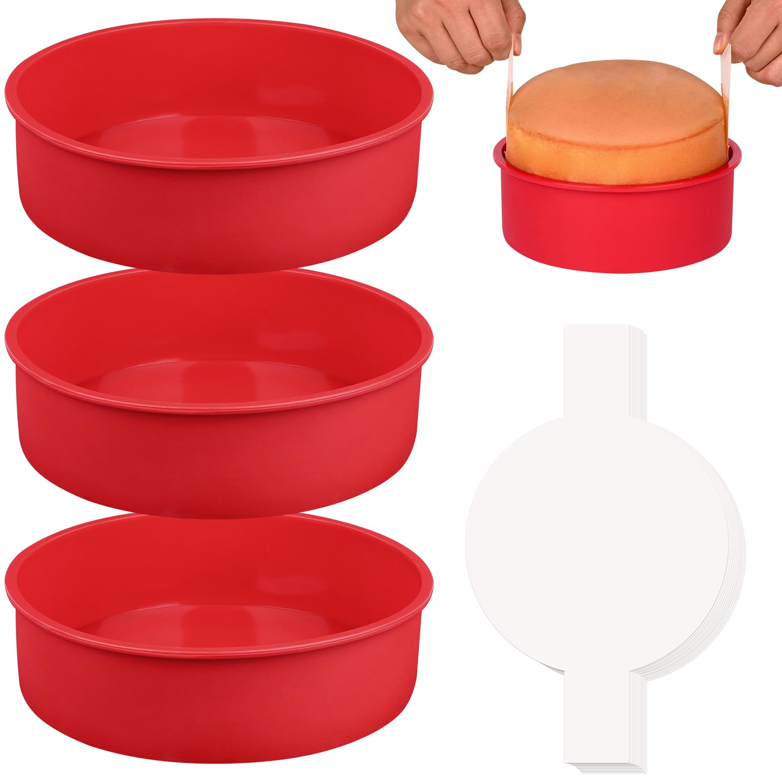 HUAKENER 8 Inch Round Cake Pan, 3Pcs Silicone Cake Mold with Parchment Paper