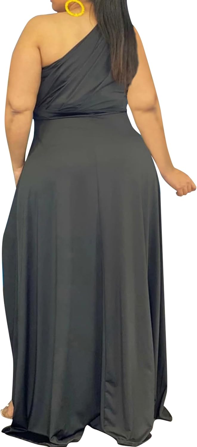 Ekaliy Women's Plus Size One Shoulder Dress Elegant High Low Irregular Hem Flowy Party Cocktail Maxi Dress - Image 2