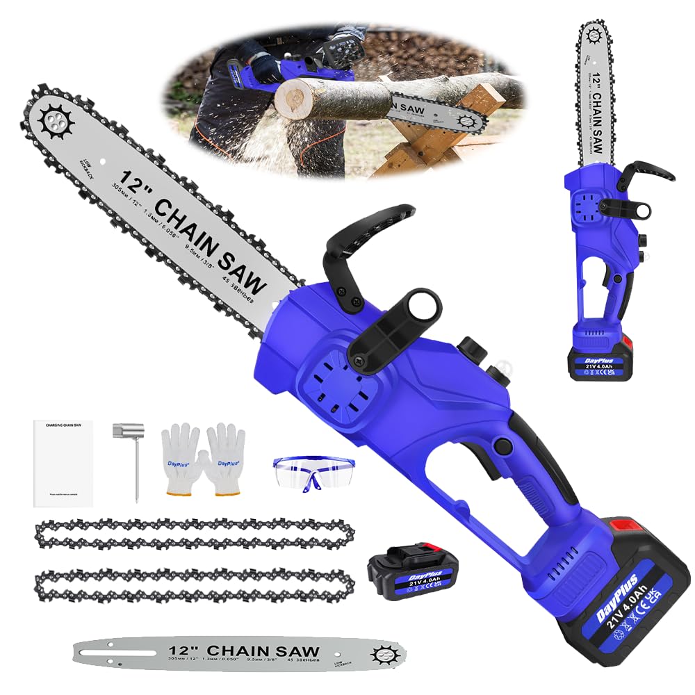 600W Cordless Chainsaw with Battery and Charger, 12 Inch Battery Chainsaw Brushless Wood Saw w/Blade Chains, 20ml Oil Capacity, HandheldChain Saw for Wood Cutting Tree Branch