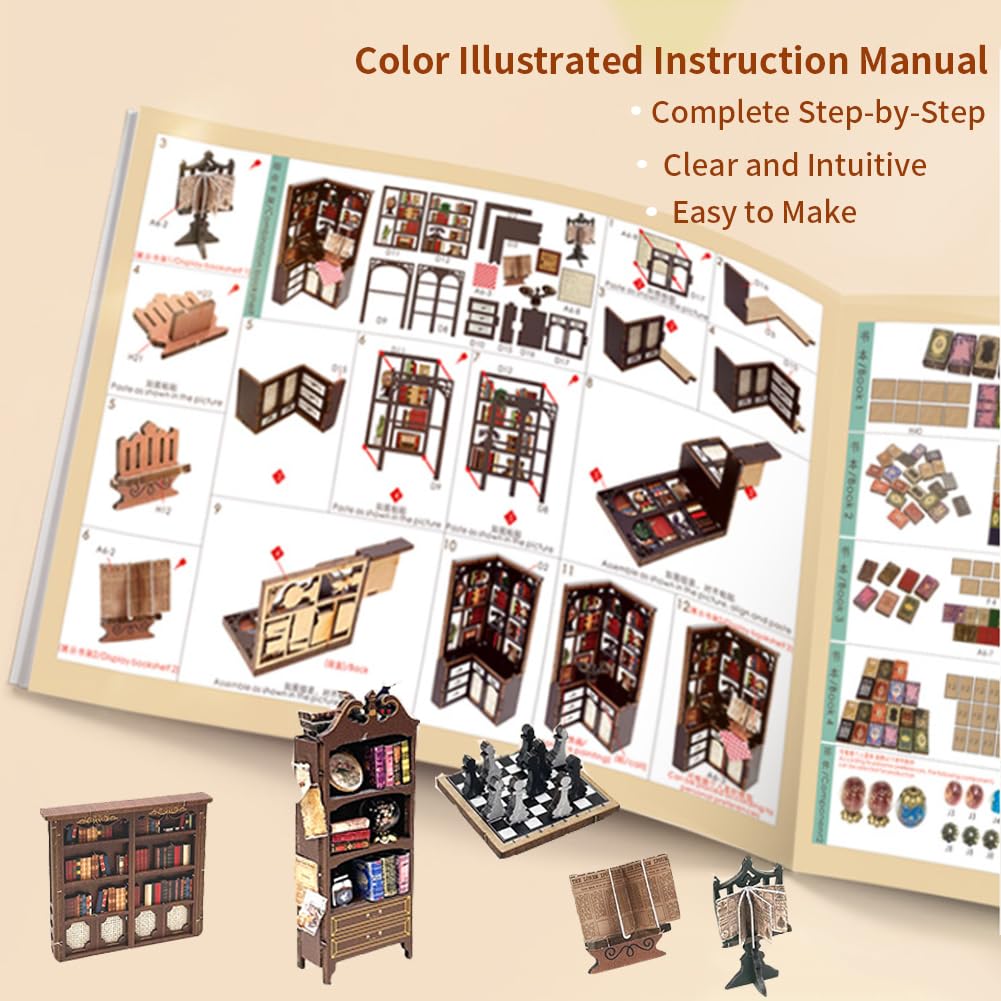 Kit fai da te per casa in miniatura, in stile europeo, kit per la casa delle bambole in miniatura, design a specchio illusione, libreria, decorazione da scrivania, modello creativo, regalo per donne e