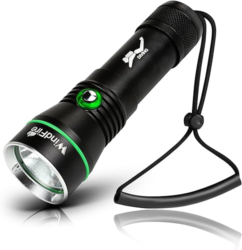 WINDFIRE Luz de buceo súper brillante de 5000 lúmenes, linterna de buceo subacuática con indicador de potencia, IPX8 impermeable, linterna de buceo