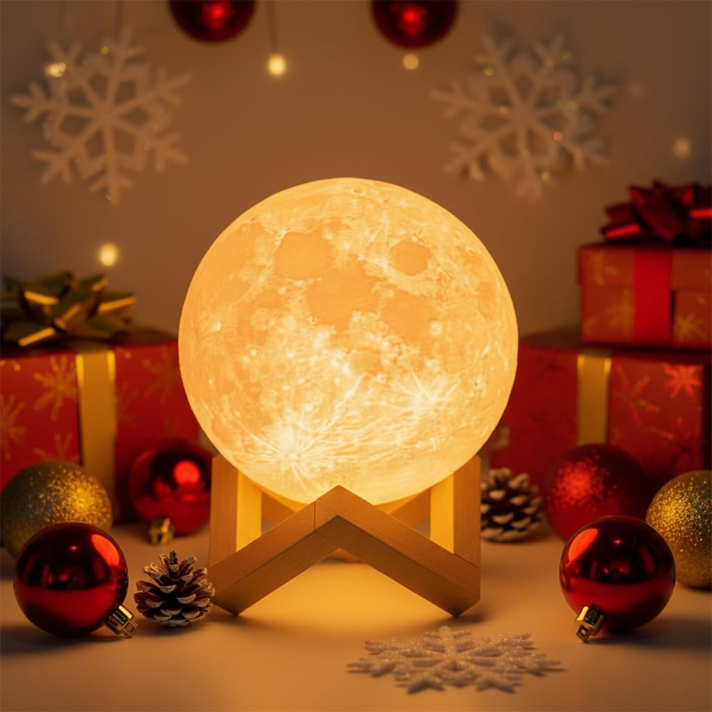 Mydethun (5.9in Moon Light With Wood Base) - Mydethun Moon Lamp Moon Light Night Light for Kids Gift for Women USB Charging and Touch Control Brightness Two Tone Warm and Cool White Lunar Lamp (15cm )