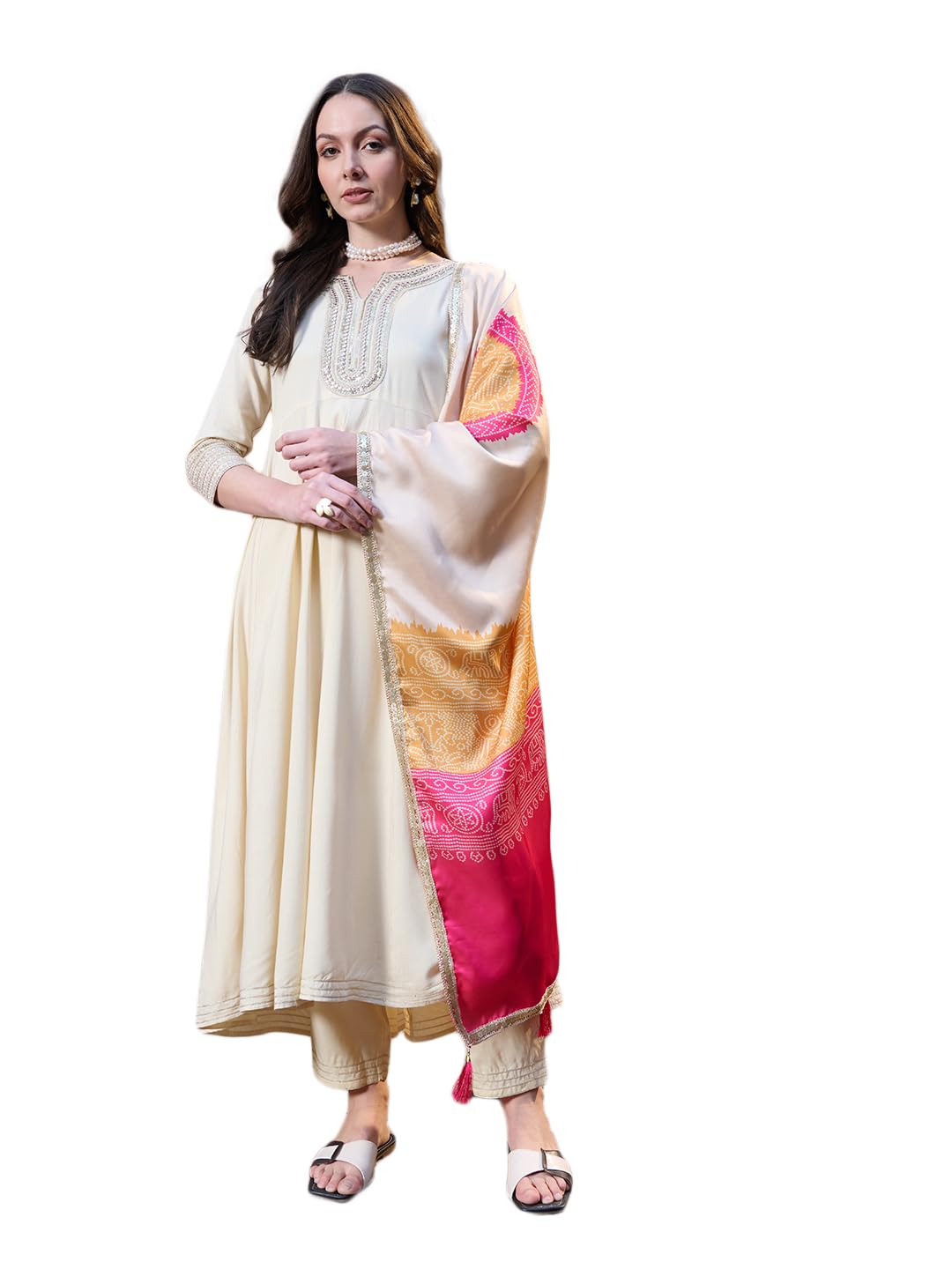 Stylum Women's Solid & Embroidered Rayon Anarkali Kurta Pant Dupatta Set (Kpdcreamutsa36_Cream, S)
