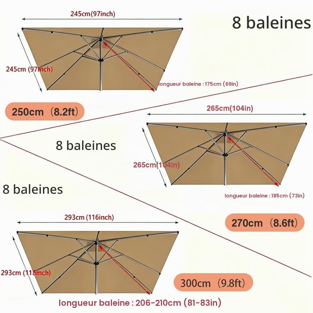4/8 Baleines Auvent De Remplacement Pour Parasol 300×300cm 250x250cm 200x200cm, Toile De Rechange Carré Pour Cour, Housse Pour Parapluie Non Déporté(Gray,2.5x2.5m/8ftx8ft)