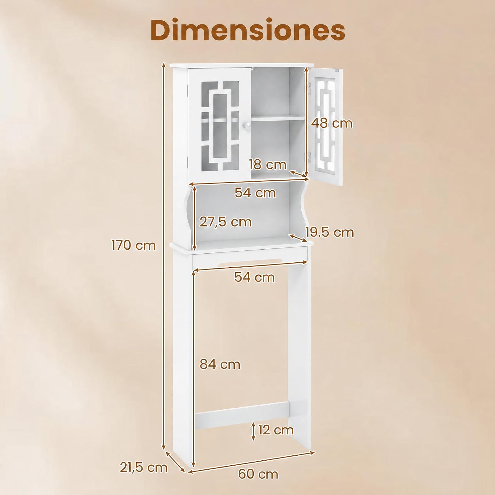 COSTWAY Mueble sobre Inodoro WC con 3 Estantes y 2 Puertas, Estantería para Inodoro, Mueble de baño con Estante Ajustable de Madera, Armario Alto de Almacenamiento, 60 x 21,5 x 169 cm (Blanco)