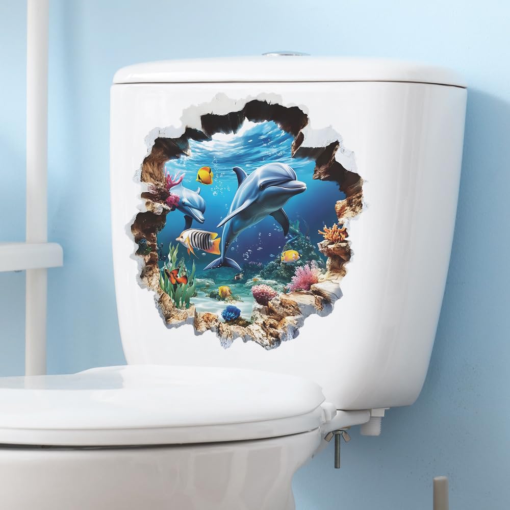 YUHGFD 2/4pcs Toilet Seat Sticker, Dolphin Toilet Lid Decals, Non-Toxic, Toilet Tank Decor Sticker, Bathroom Decoration for Seasonal Decoration
