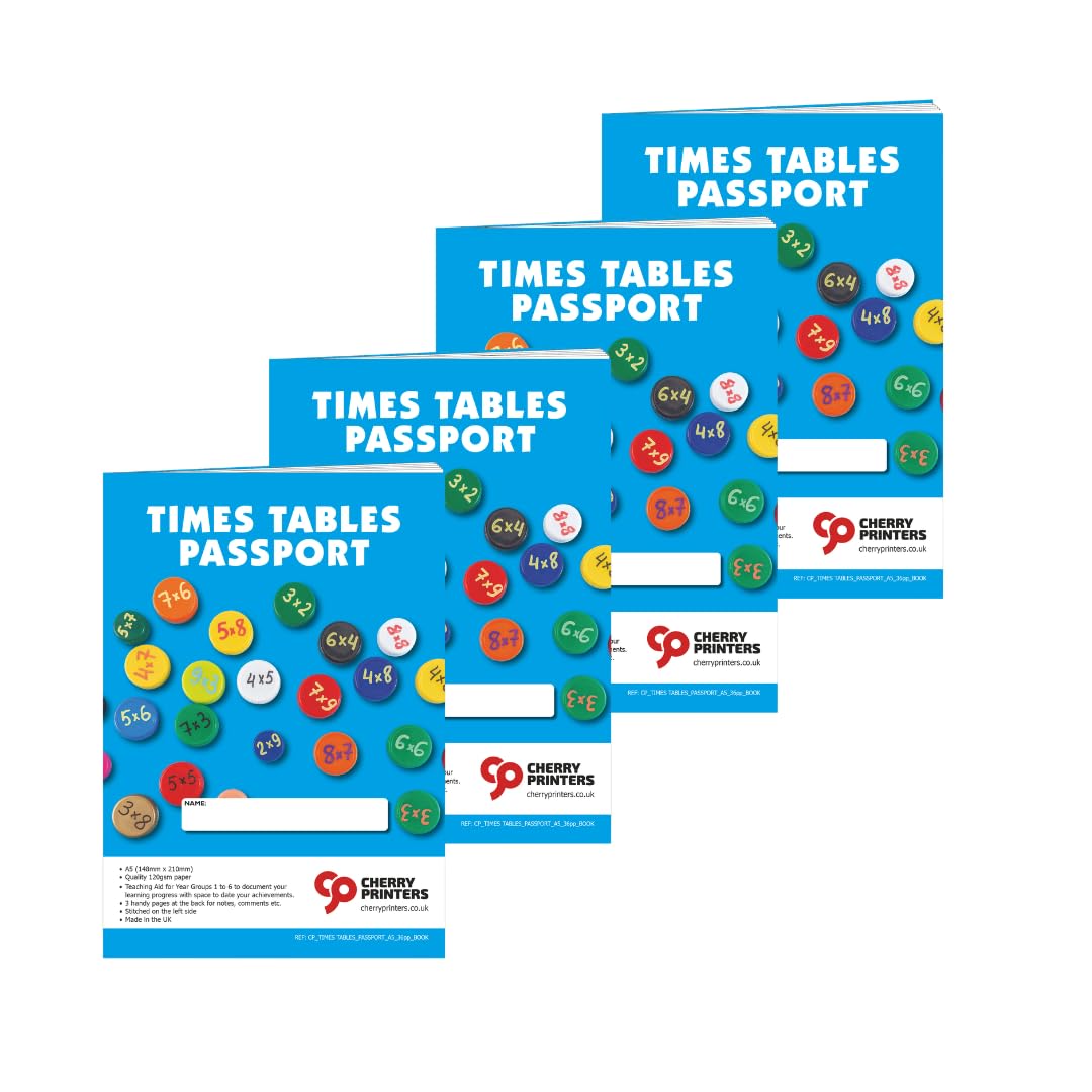 Cherry Printers | Times Tables Workbook A5 | KS1 KS2 Maths Practice Book | Multiplication Tables Learning Passport | 36pp Study Guide with Fractions | Prime Numbers | Measure Conversions **4 Pack**
