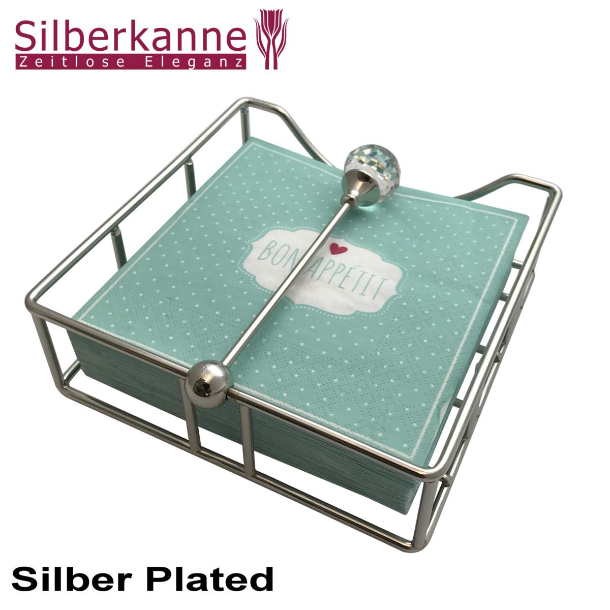 Serviettenhalter 19x19 cm | "Hamburg" | Silber Plated versilbert | Mit glitzerndem Kristall | Für Cocktail & Papier-Servietten