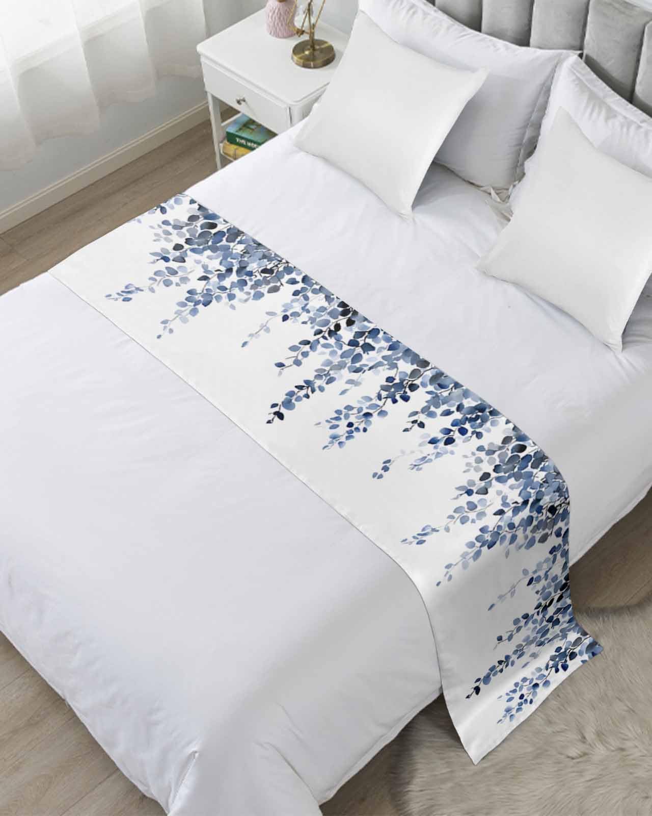 Navy Blue Eucalyptus Leaves Bed Runner for Full/Queen Size, Summer Leaf Watercolor Bedspread Protector Slipcover Bed Scarf for Foot Runners & Scarves for Bedroom Hotel Wedding Room 83x20 Inches