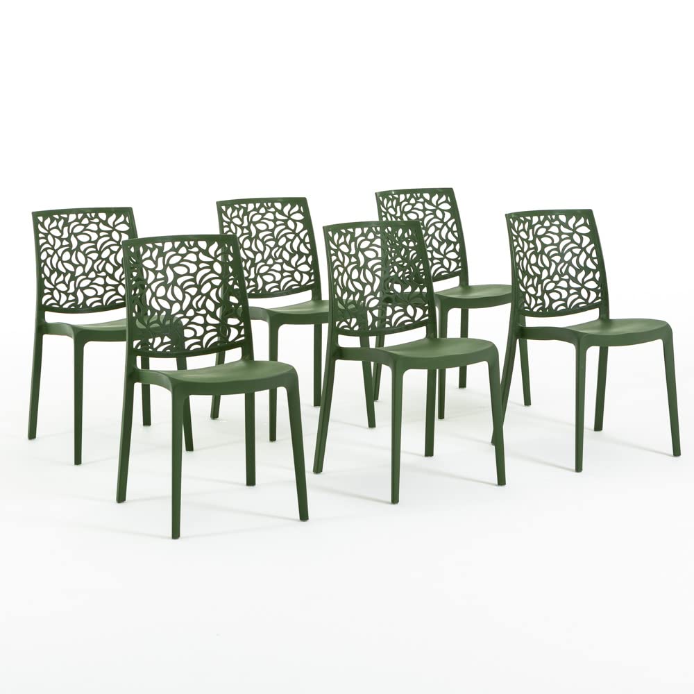 Sillas de resina moderna apilables de polipropileno con fibra de vidrio, para interior, cocina o comedor, exterior y jardín, sillas de restaurante y contract - Anna (6 Sillas, Verde oliva)