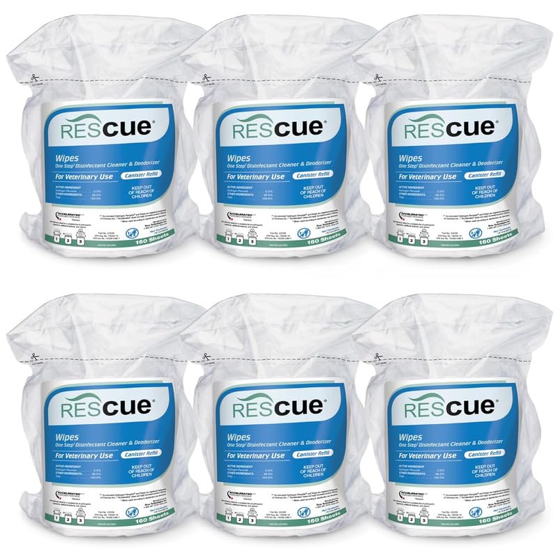 REScue One-Step Disinfectant Cleaner &amp; Deodorizer Wipes for Vet Use – Cleaner for Kennels, Litter Boxes, Vet Offices, Pet Grooming Surfaces, Pet Boarding – Wipes Canister Refill, 160 Count (6 Pack)