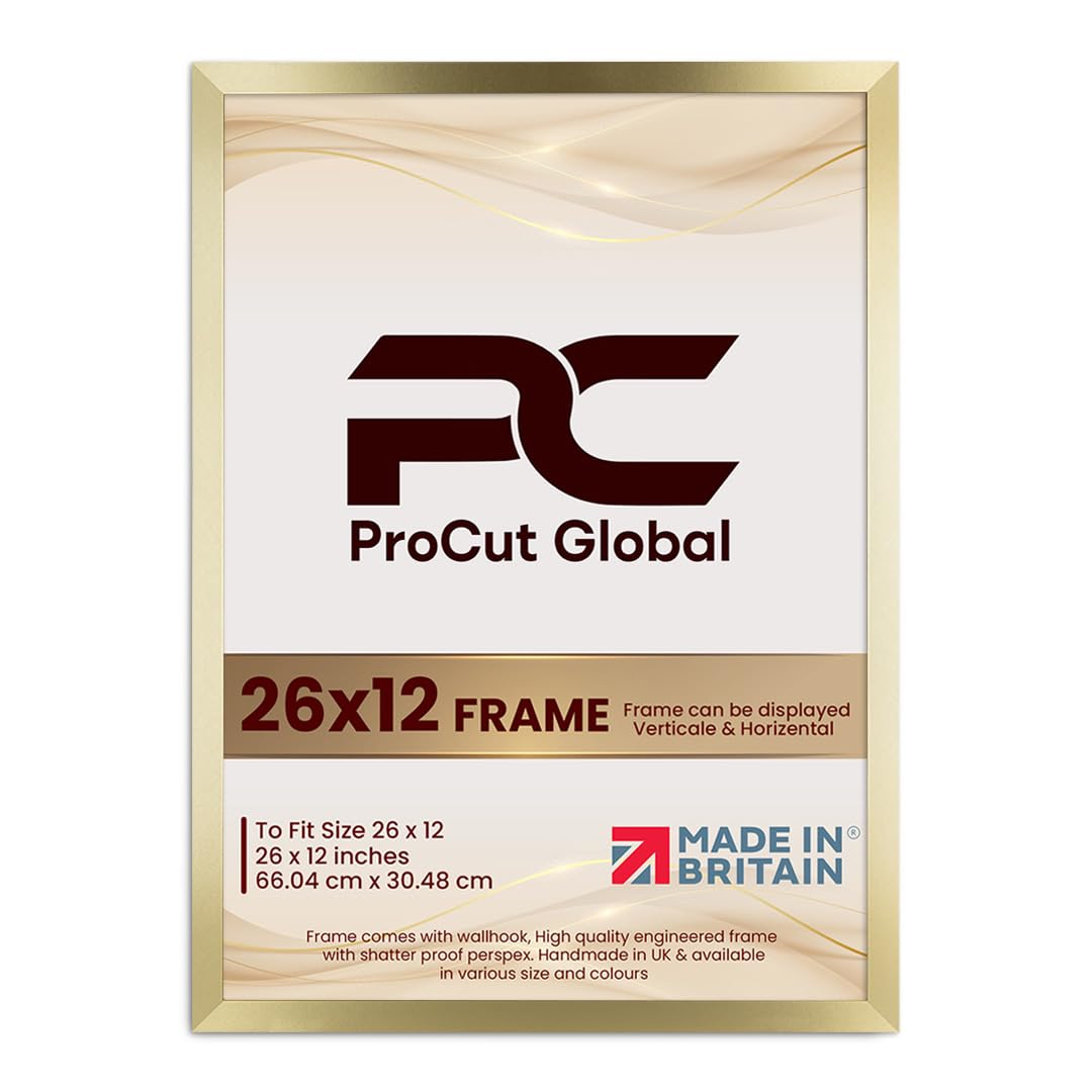 Procut Global 26X12 Gold Picture Frames - Modern Wooden Photo Frame with Shatterproof Perspex for Wall or Tabletop - Perfect for Posters, Certificates, Prints - Sizes & Colors Available