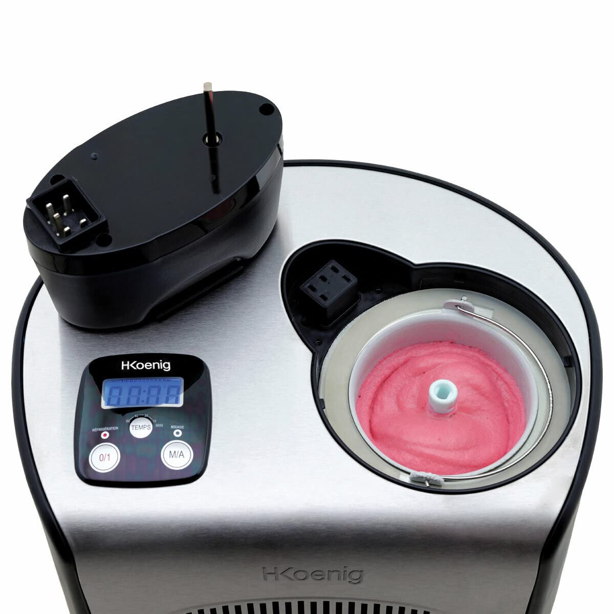 H.Koenig HF250 maszyna do lodów i deserów – 1,5 l, 150 W, funkcja chłodzenia, szybkie przygotowanie lodów, sorbetu, mrożonego jogurtu – profesjonalna, elektryczna i przyjazna dla środowiska, z