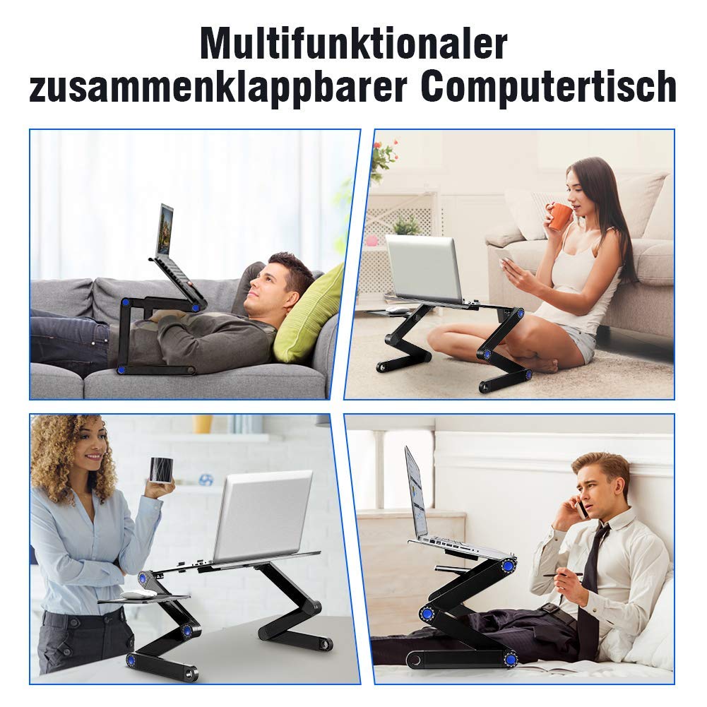 Greensen Laptopständer Aluminium Laptoptisch Klappbar Betttisch Laptop Ständer Höhenverstellbar Notebooktisch Ergonomischer Laptophalterung mit Belüftungsbasis und Maushalterung, Schwarz
