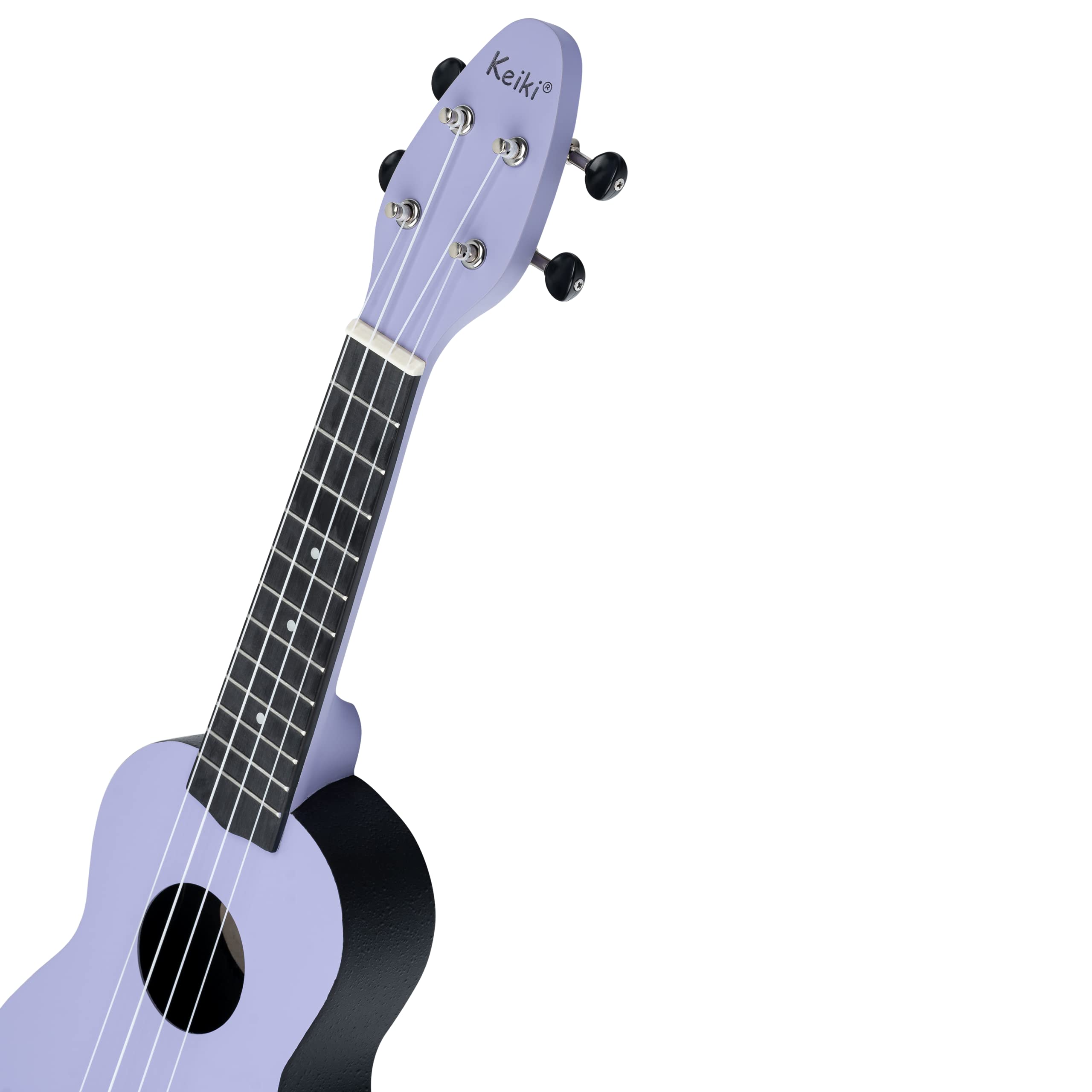 Ortega Guitars Ukelele Soprano púrpura - Keiki K2 - Kit de inicio incluye afinador, correa, 5 púas medianas y bolsa de dibujo - pastel/lavanda (K2-LAF)