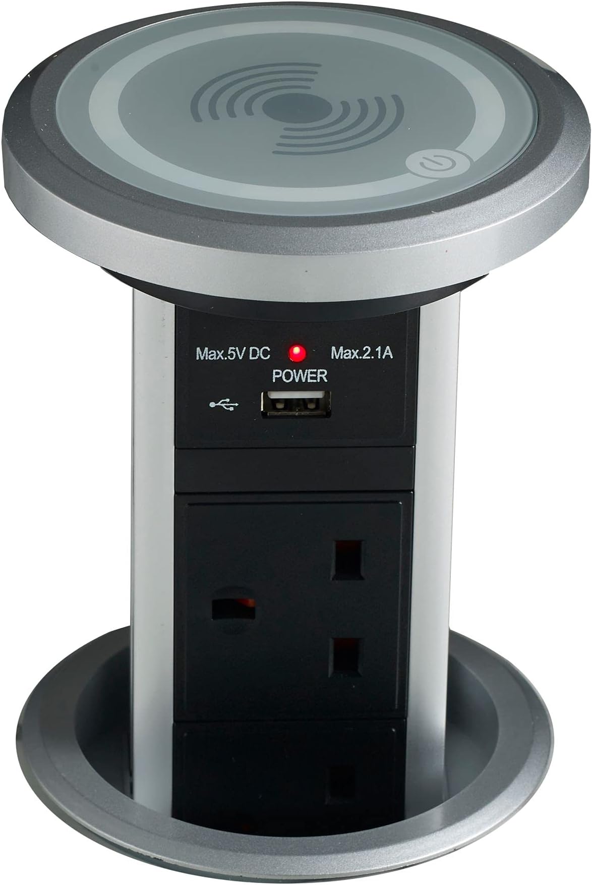 Leyton Lighting POW-6M Motorised Pop-up Socket Power Port, QI & USB Charger, Silver