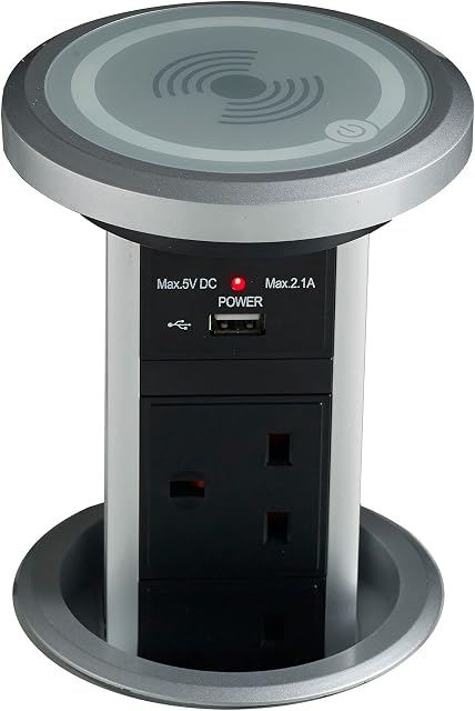 Leyton Lighting POW-6M Motorised Pop-up Socket Power Port, QI & USB Charger, silver