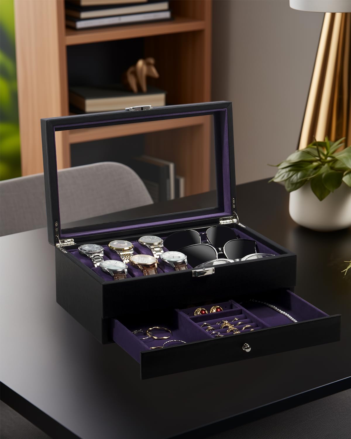 Caja para relojes, estuche para relojes de 6 ranuras, organizador de gafas de 3 compartimentos, joyero para hombre con tapa de cristal transparente, doble capa con cerradura de llave, regalo, negro-
