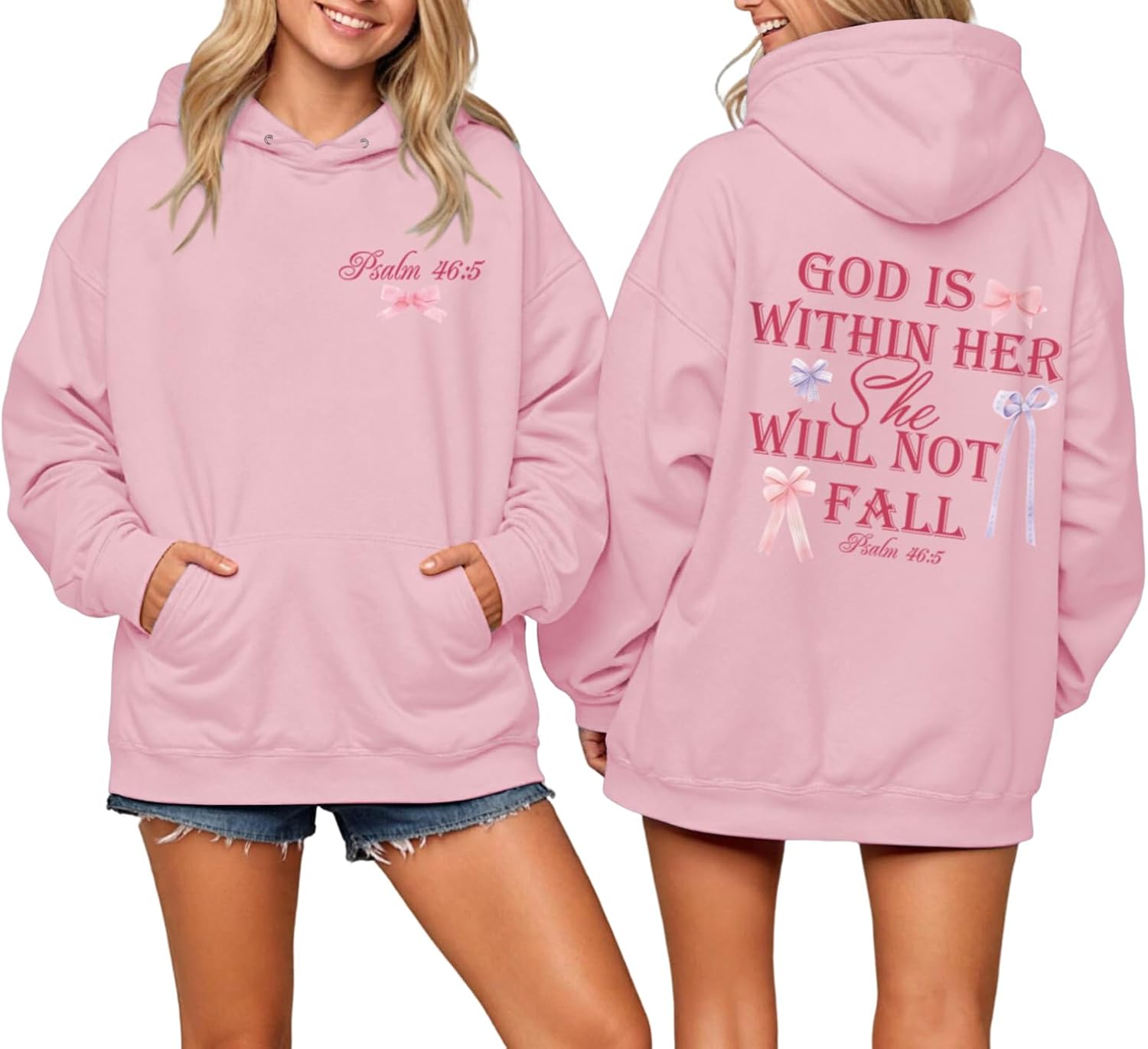 God is Within Her She Will Not Fall Christian Hoodies for Women Jesus Bible Verse Hoodie Bow Hoodie