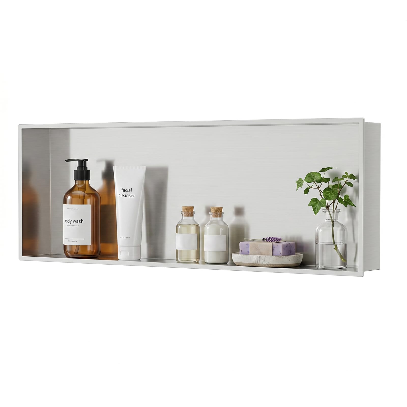 BATHFINESSE 37" X 13" Shower Niche Insert Tile Ready, Wall Niche for Livingroom Bathroom, Long Shower Niche, No Tile Needed Over Mount Installation, Brushed Nickel