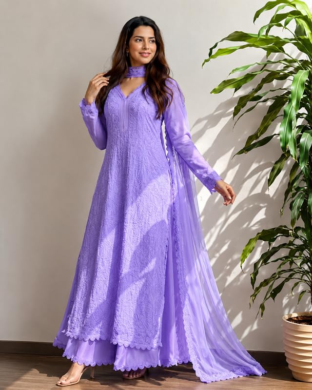Image of Women Embroidered Straight Kurti with Palazzo And Dupatta Set | Elegant Ethnic Wear Kurta Set | V-Neck Long Sleeve Kurti | Stylish Casual, Festive & Wear for Women
