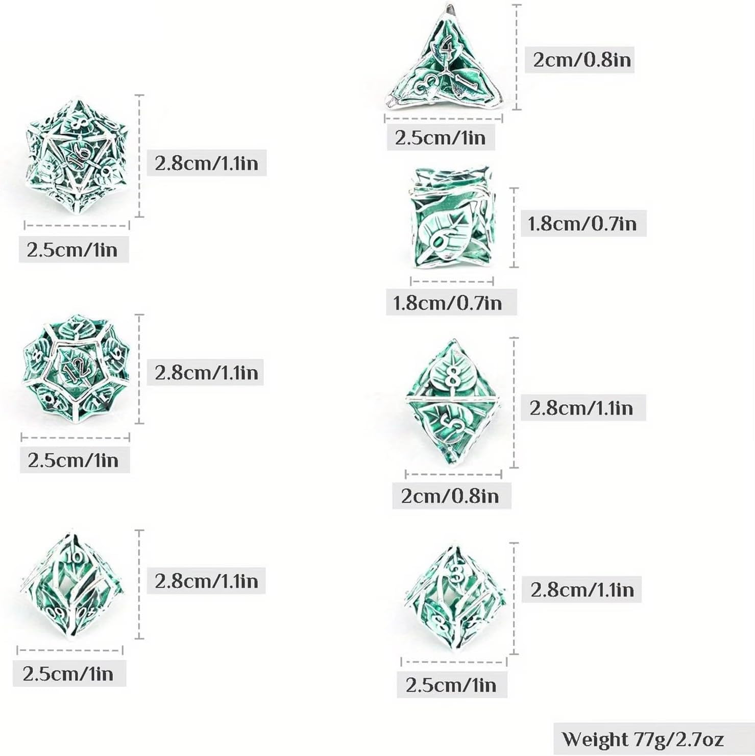 7pcs Leaf Flower Metal Dice, Hollow Metal Polyhedral Dice Set, Compatible with Role-Playing RPG Board Game Card Game(Green)