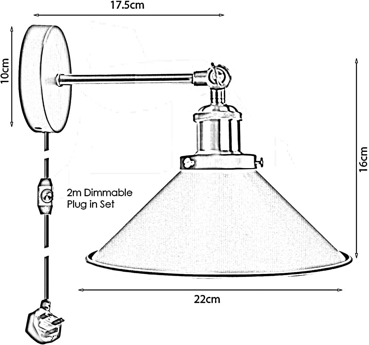 LEDSone Retro Plug in Wall Light Lamps with 2m Plug in Cable Cord and Dimmer Switch - Image 3