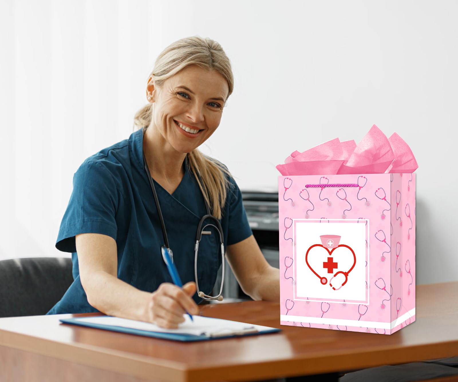 D4DREAM Nurse Graduation Gift Bag - 13" Large Pink Nurse Gift Bag with Tissue Paper for Women Doctor Nursing School Grads Medical School Graduates Perfect for Nurse Week Celebrations