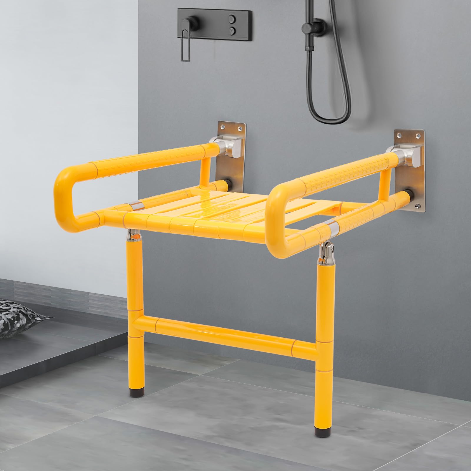 BANLICALI Folding Shower Seat Wall Mounted, Modern Foldable Shower Chair with Armrests, 440 LBS Load Capacity, 90° Fold Up Stool Bench for Corridors, Dressing Rooms, Entrances (Yellow, Medium)