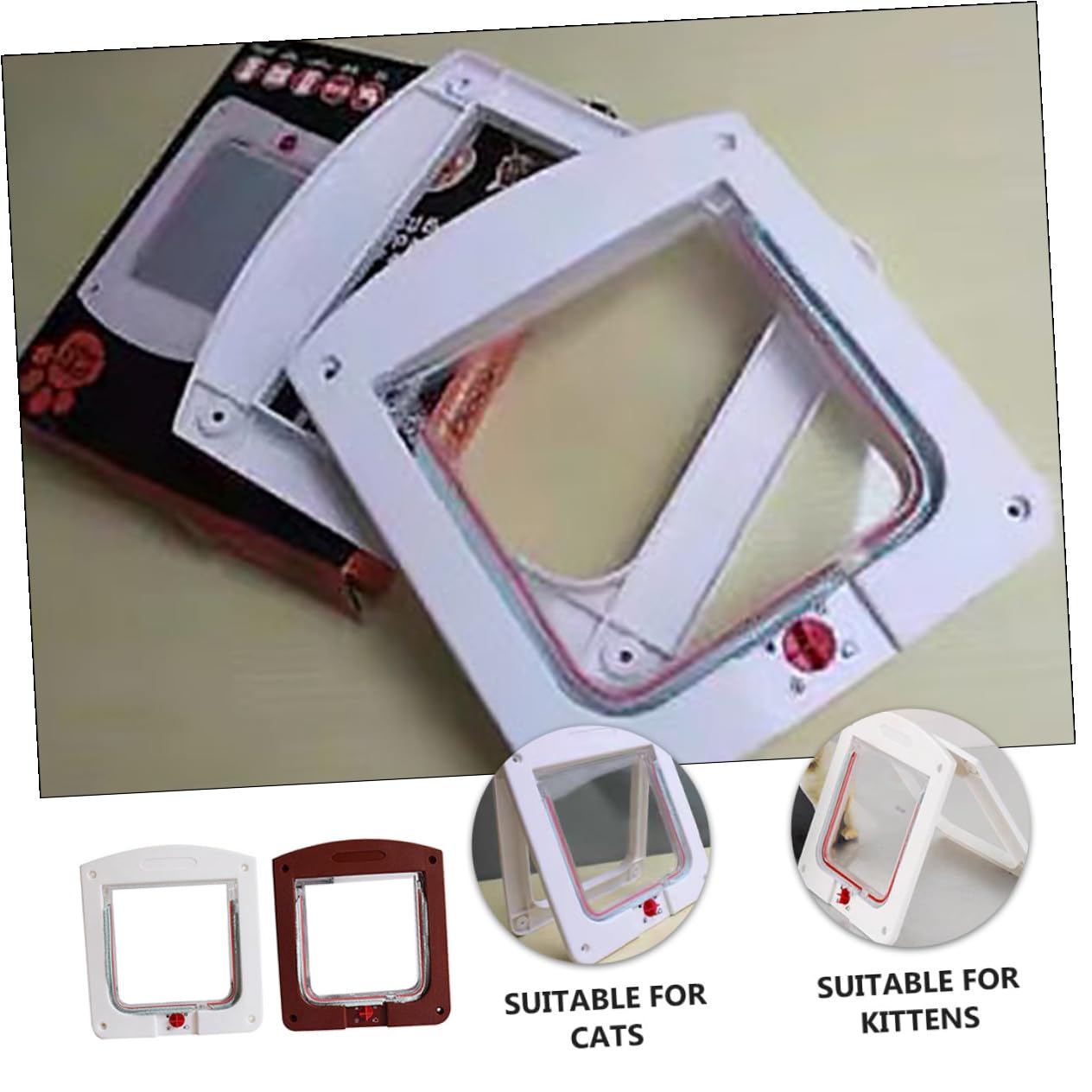 Lot de 2 Chatières Petites pour Chat en Plastique Blanc et Marron Porte pour Animaux de Compagnie Système D’Ouverture et Fermeture Manuelle Adaptée à la Liberté D’Accès