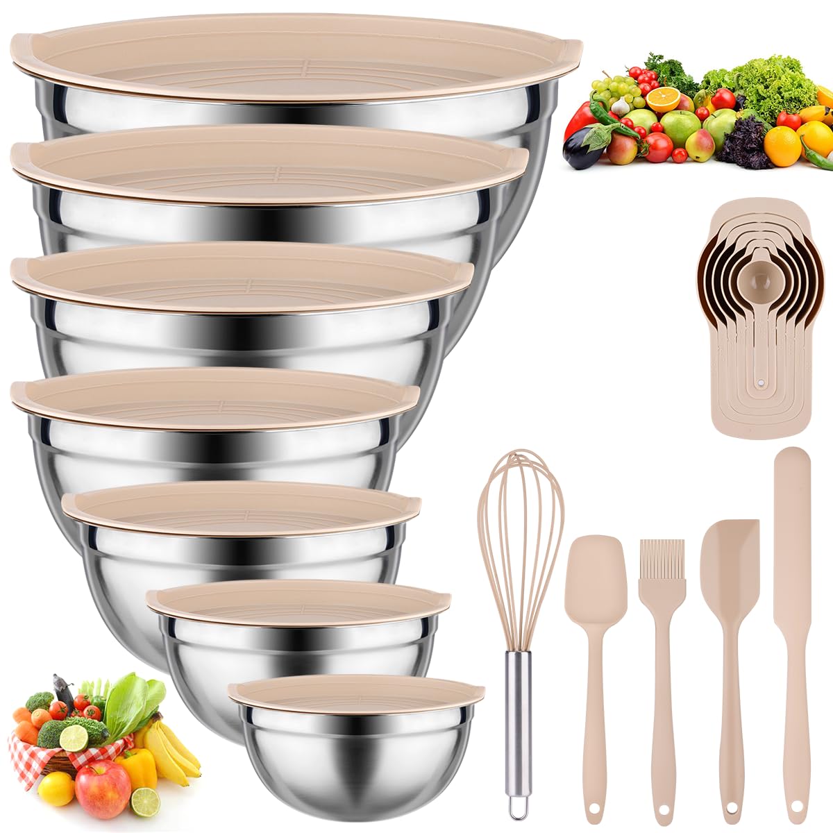 Mixing Bowls with Lids Set - 25 PCS Stainless Steel Nesting Khaki Mixing Bowls Set for Baking,Mixing,Serving & Prepping,Size 5, 3.7, 2.8, 2.3, 1.7, 1.1, 0.7QT,11 Cooking Utensils