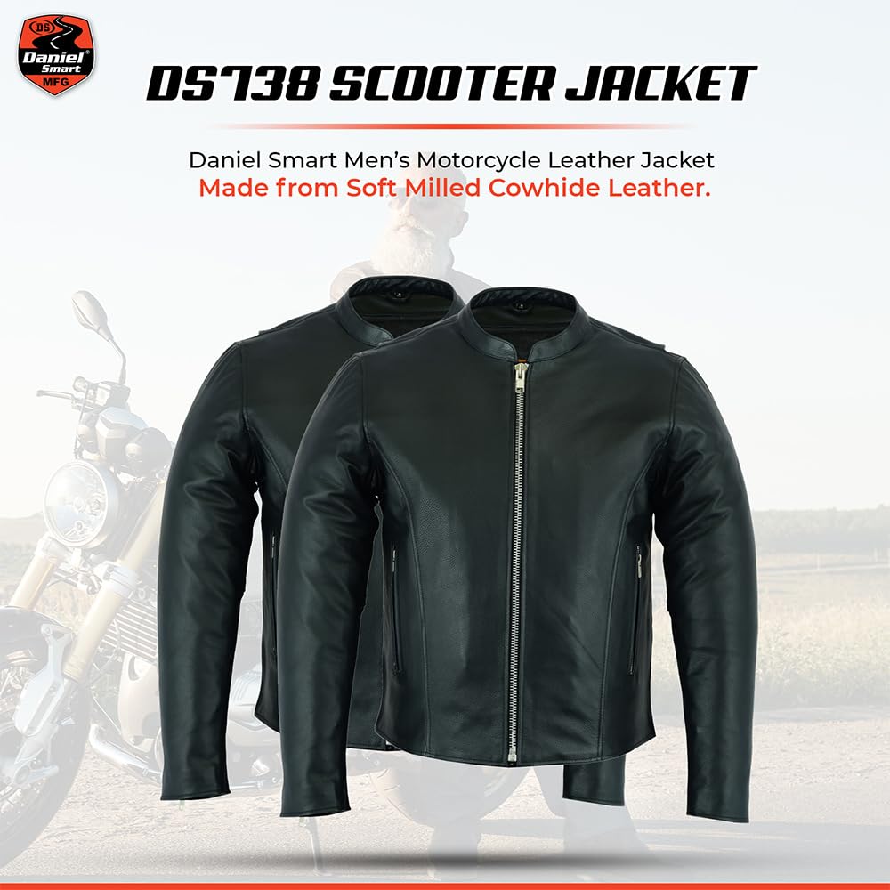 Daniel Smart Men’s Motorcycle Leather Jacket – Scooter Leather Jacket with stripe detailing and concealment Armory Pockets