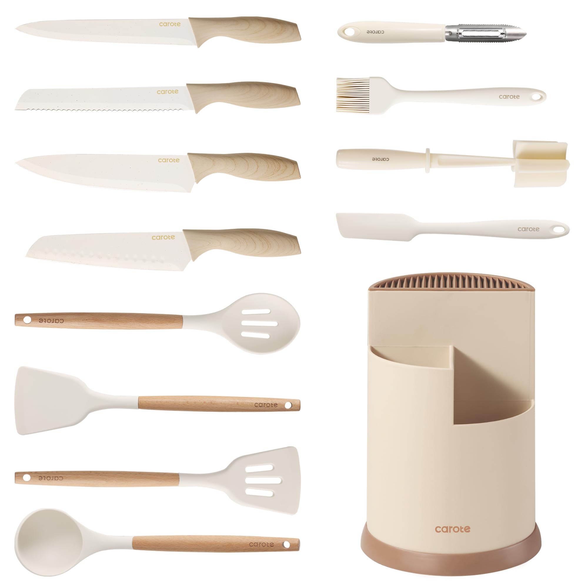 CAROTE 13Pcs Kitchen Utensils Set with 360 Rotating Knife Block Heat Resistant Cooking Utensils Set with Wooden Handle