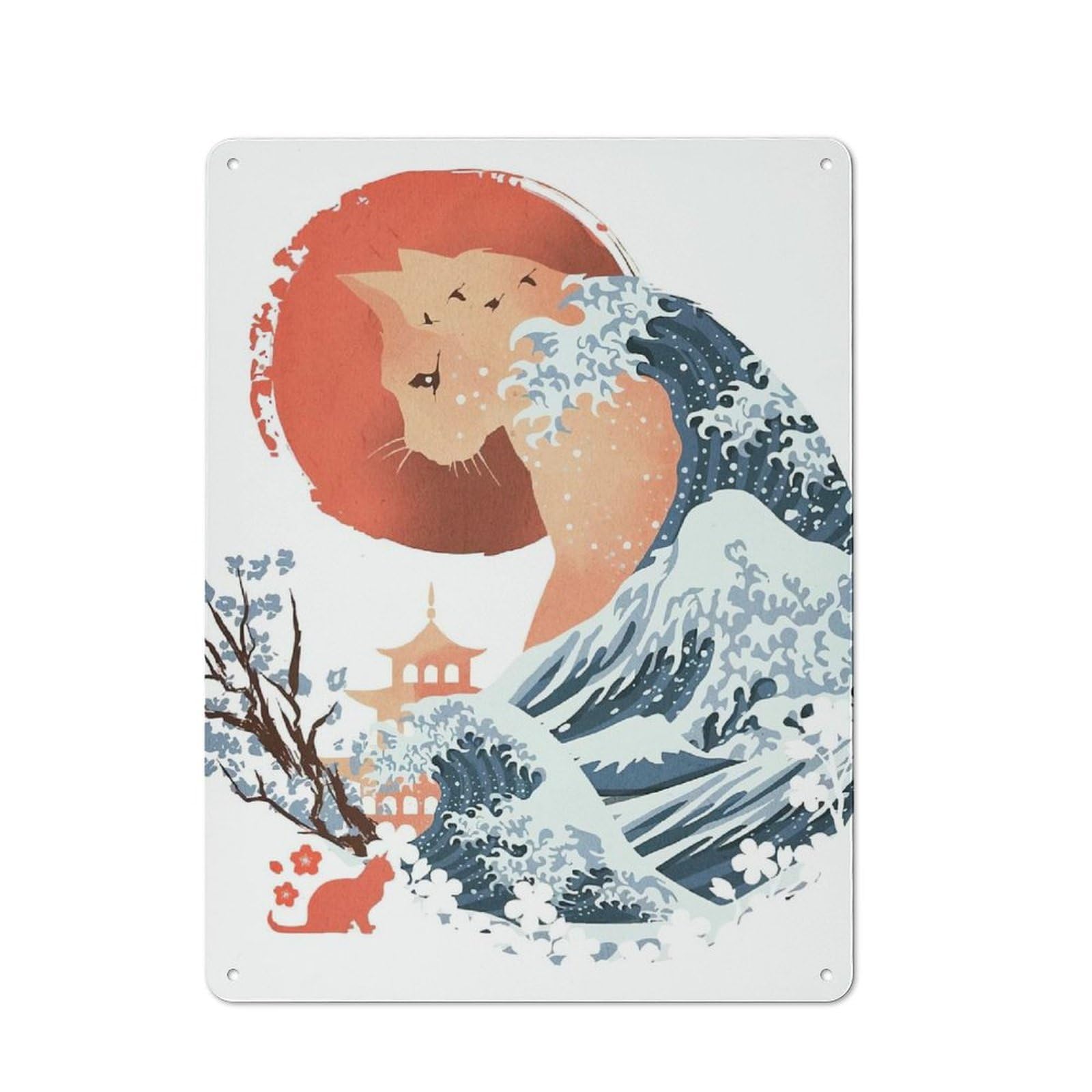 Junmoney Cat Wave Japanese Vintage Tin Sign 40X30cm For Guest Room Or Hallway, Suited To Home Decor Collectors