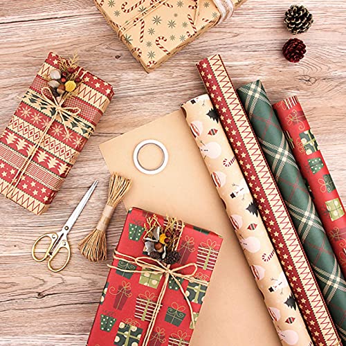 Uwariloy papel kraft Natal, folhas papel embrulho presente, padrão elementos Natal vermelho e vervin