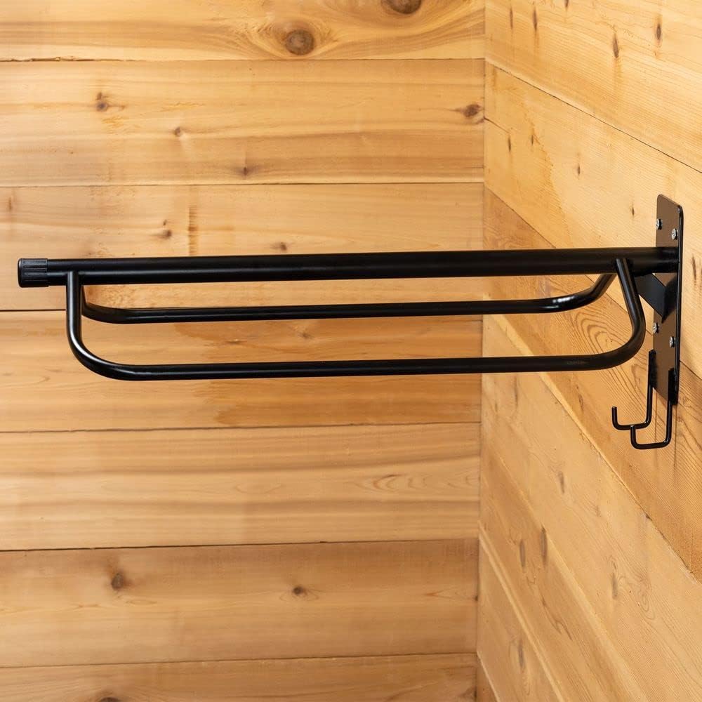 EASY-UP Saddle Rack with Tack Hooks | Color Black | Space-Saving Design | Fits English and Western Saddles | Durable and Sturdy | Easy Wall Mount | 5-Year Warranty
