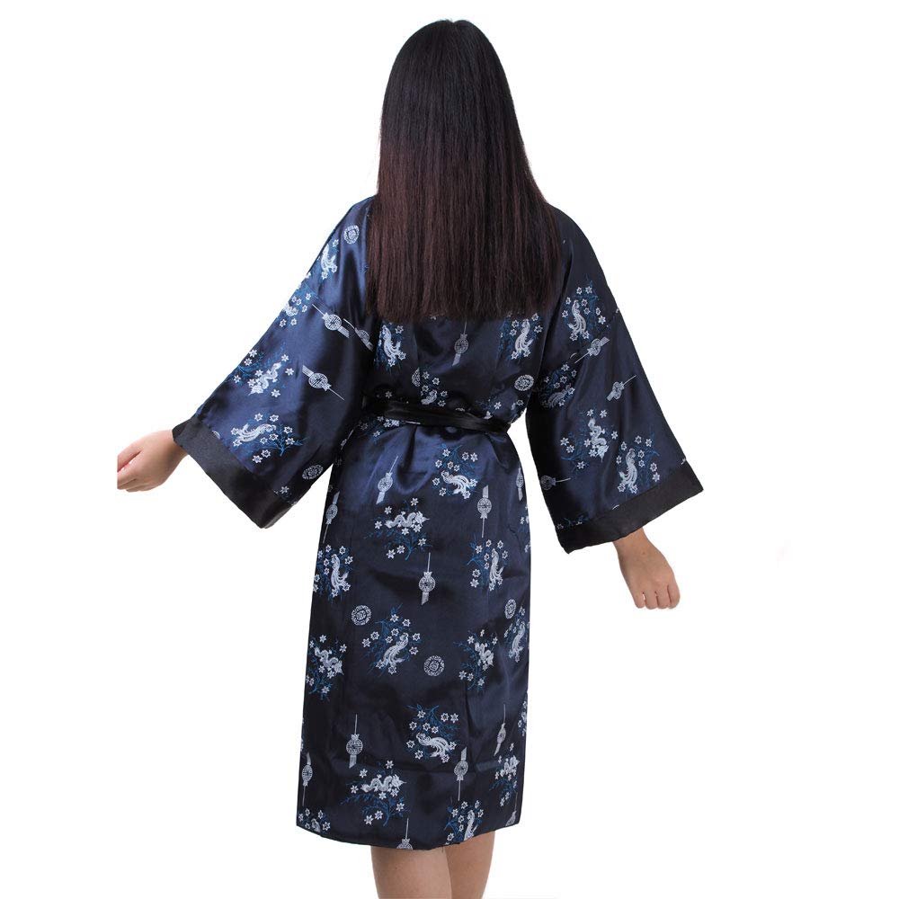 Japanischer Wende-Kimono Satin Morgenmantel für Damen & Herren mit Drachen-Stickerei